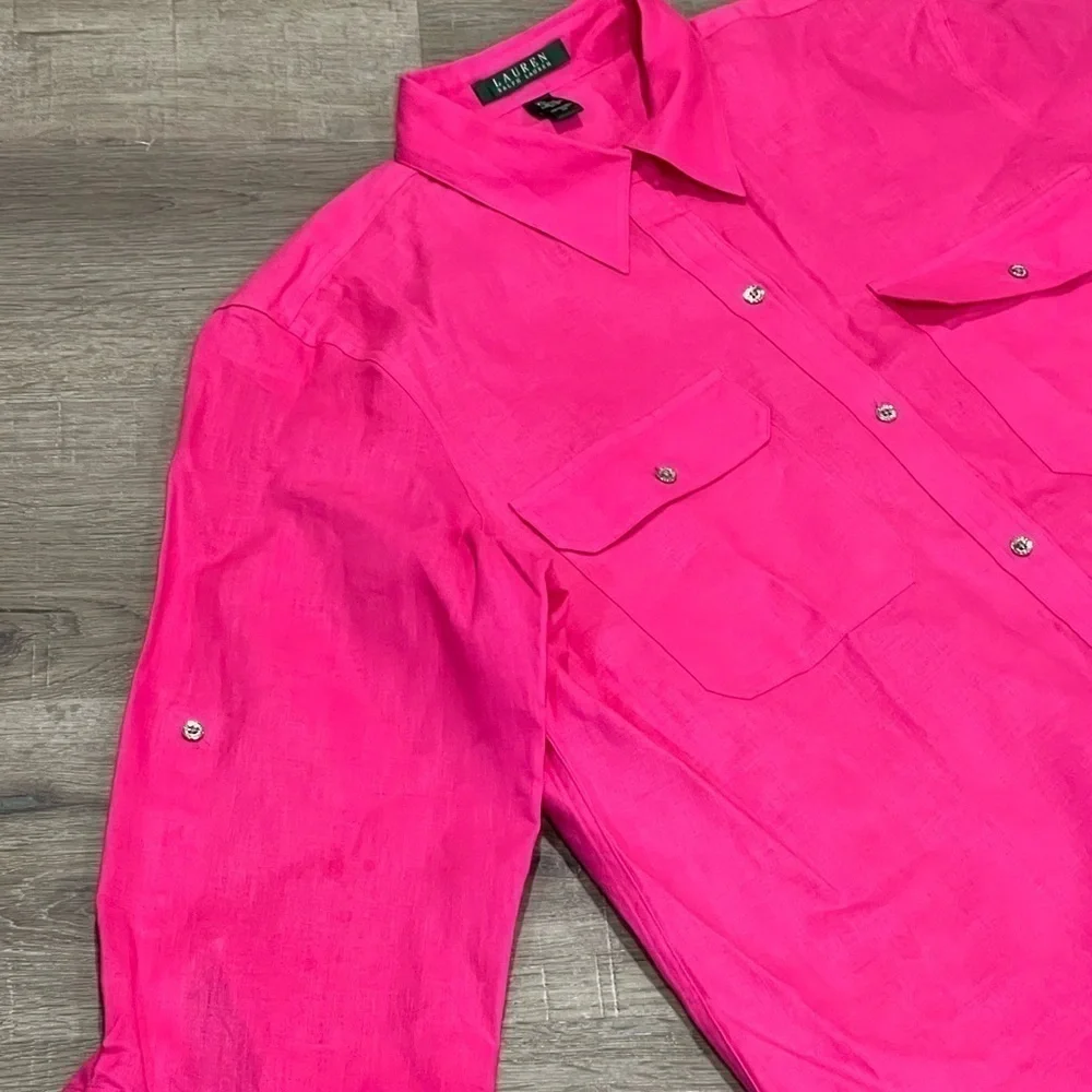 Women’s XL 100% Linen Pink Button Front Beach Vacation Lightweight Classic Shirt - Picture 4 of 9